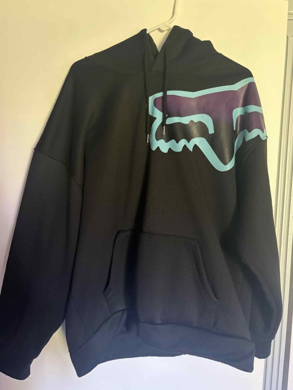 Fox Racing Black Hoodie with Purple & Teal Graphics, Size L
